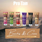 Pro Tan Beaches & Creme tanning collection with carrot oil bronzing butter and dark tanning gelee on beach backdrop
