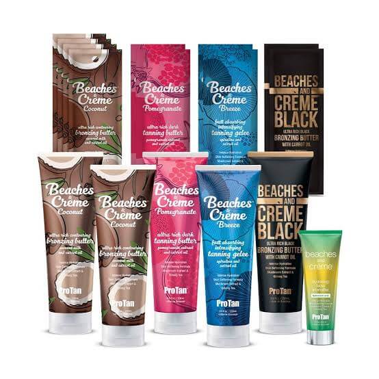 Pro Tan Beaches & Crème coconut tanning lotion tubes and packets with bronzers