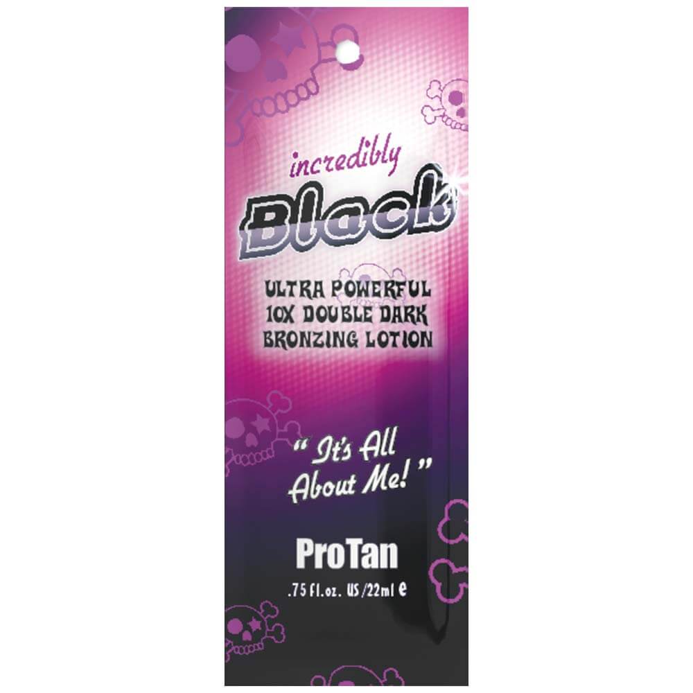 Pro Tan Incredibly Black 10X Double Dark Bronzing Lotion label with skull motifs