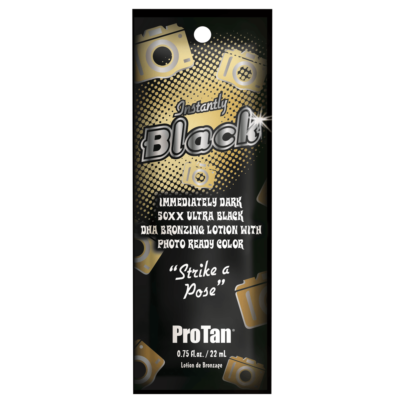Pro Tan Instantly Black 50XX Ultra Black DHA bronzing lotion packaging with gold halftone design