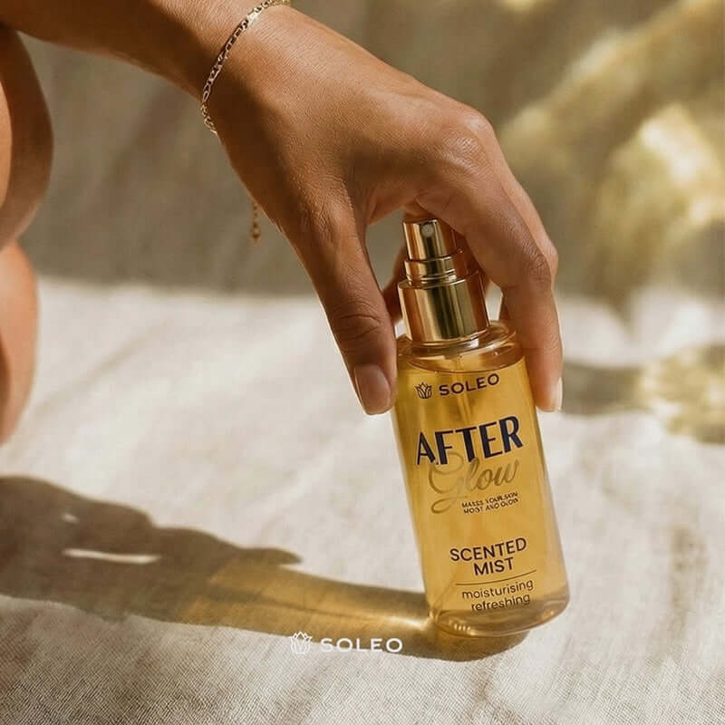 Soleo After Glow Mist golden-yellow moisturizing after sun spray with gold nozzle