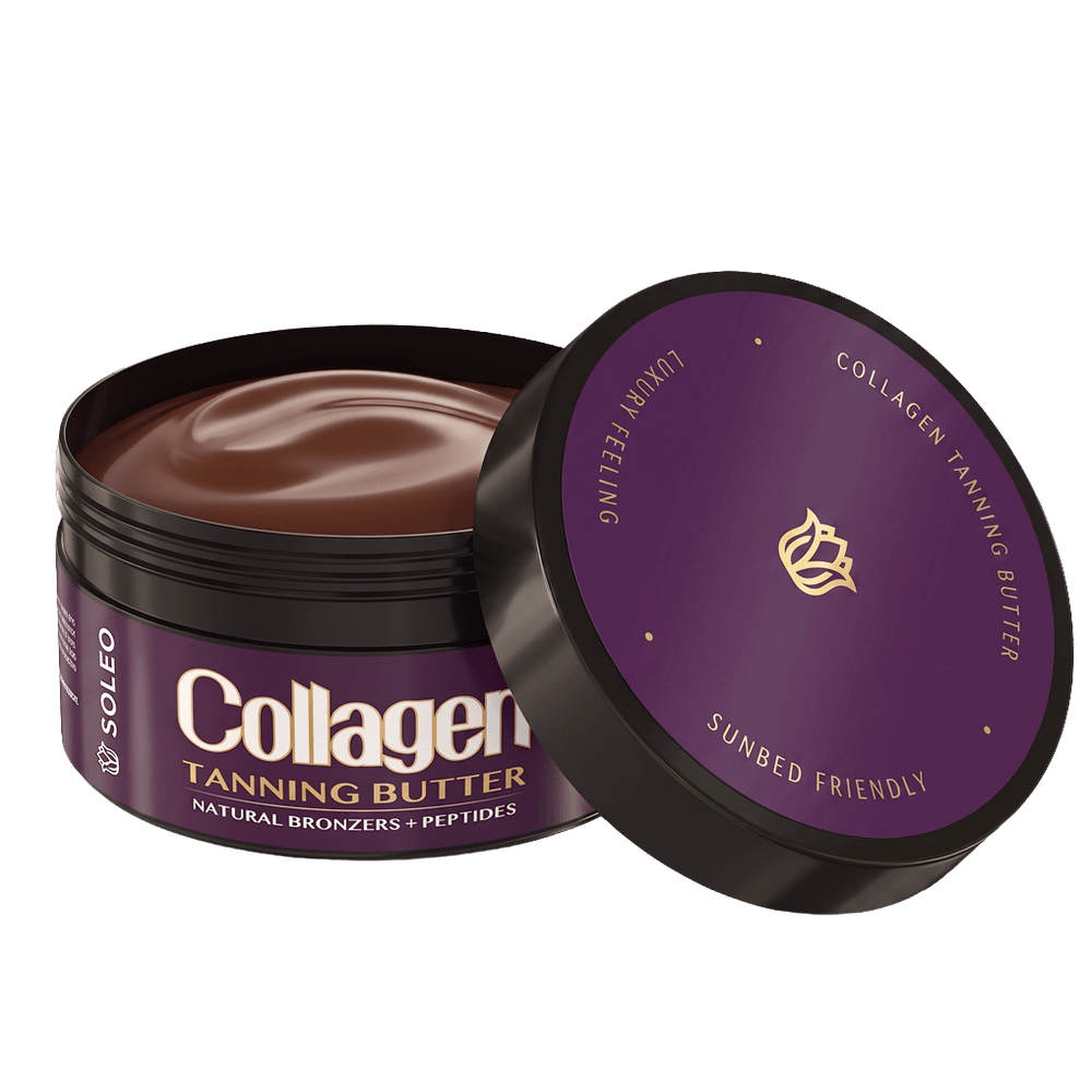 Open Soleo tanning butter jar showing rich brown texture and sunbed friendly label
