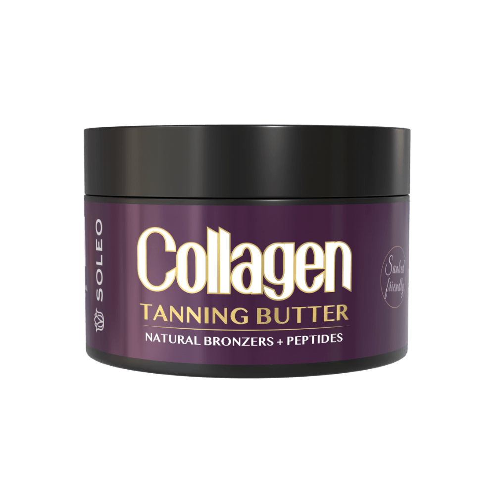 Sealed Soleo Collagen Tanning Butter jar with purple label and sunbed friendly badge
