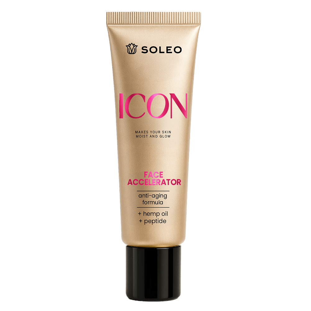 Gold Soleo Icon Face Accelerator tube on white background, anti-aging formula with hemp oil and peptides
