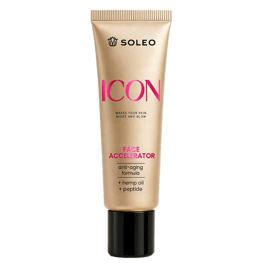 Gold Soleo Icon Face Accelerator tube on white background, anti-aging formula with hemp oil and peptides