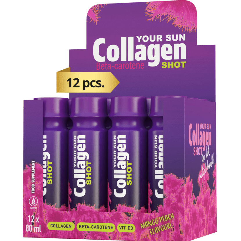 Soleo Your Sun SHOT Collagen tanning supplement box with mango peach flavor, 12 x 80 ml bottles featuring collagen and beta-carotene