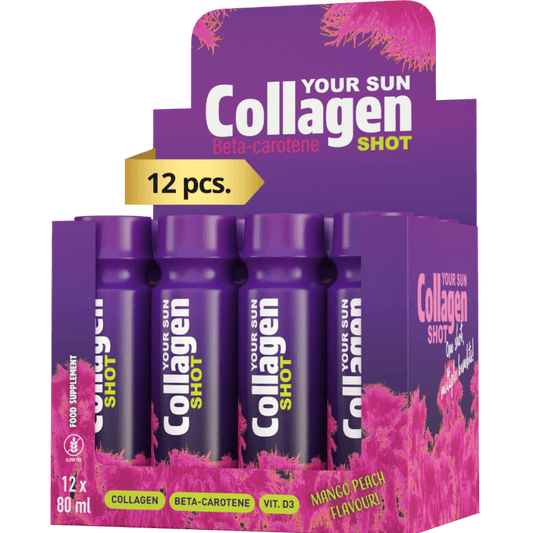 Soleo Your Sun SHOT Collagen tanning supplement box with mango peach flavor, 12 x 80 ml bottles featuring collagen and beta-carotene