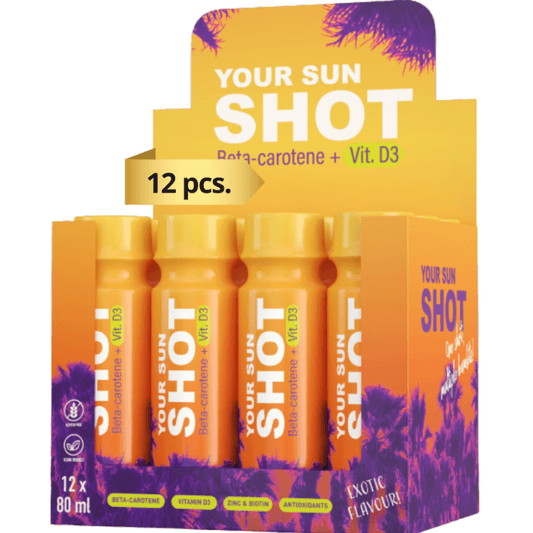 Soleo Your Sun Shot Exotic tanning supplement box with 12 orange bottles, Beta-carotene and Vitamin D3 for radiant skin