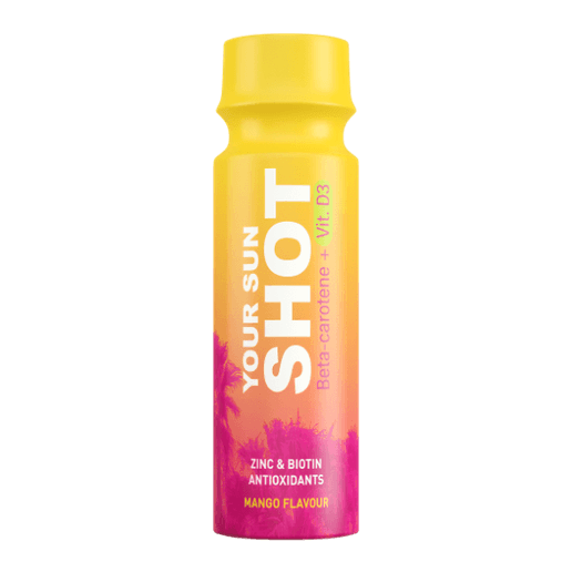 Soleo Your Sun SHOT Mango tanning supplement bottle with Beta-carotene and Vitamin D3