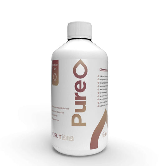 Suntana Pure Medium spray tan lotion bottle, fragrance-free with brown base for natural bronze