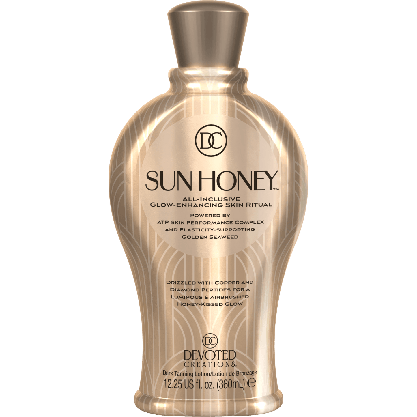 Лосьон для солярия Devoted Creations Sun Honey, усиливающий сияние и разрушающий плато оптимизатор с золотыми морскими водорослями и пептидами, 360 мл
