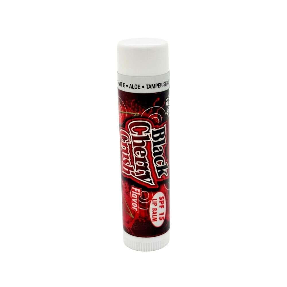 Black Cherry Crush moisturizing lip balm tube showing tamper seal and ribbed base