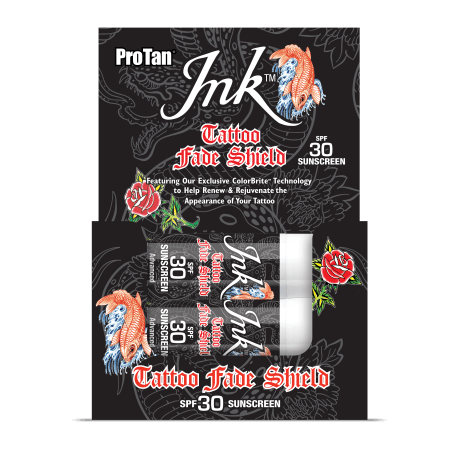 Pro Tan Ink SPF 30 Tattoo Fade Shield sunscreen box with koi fish design