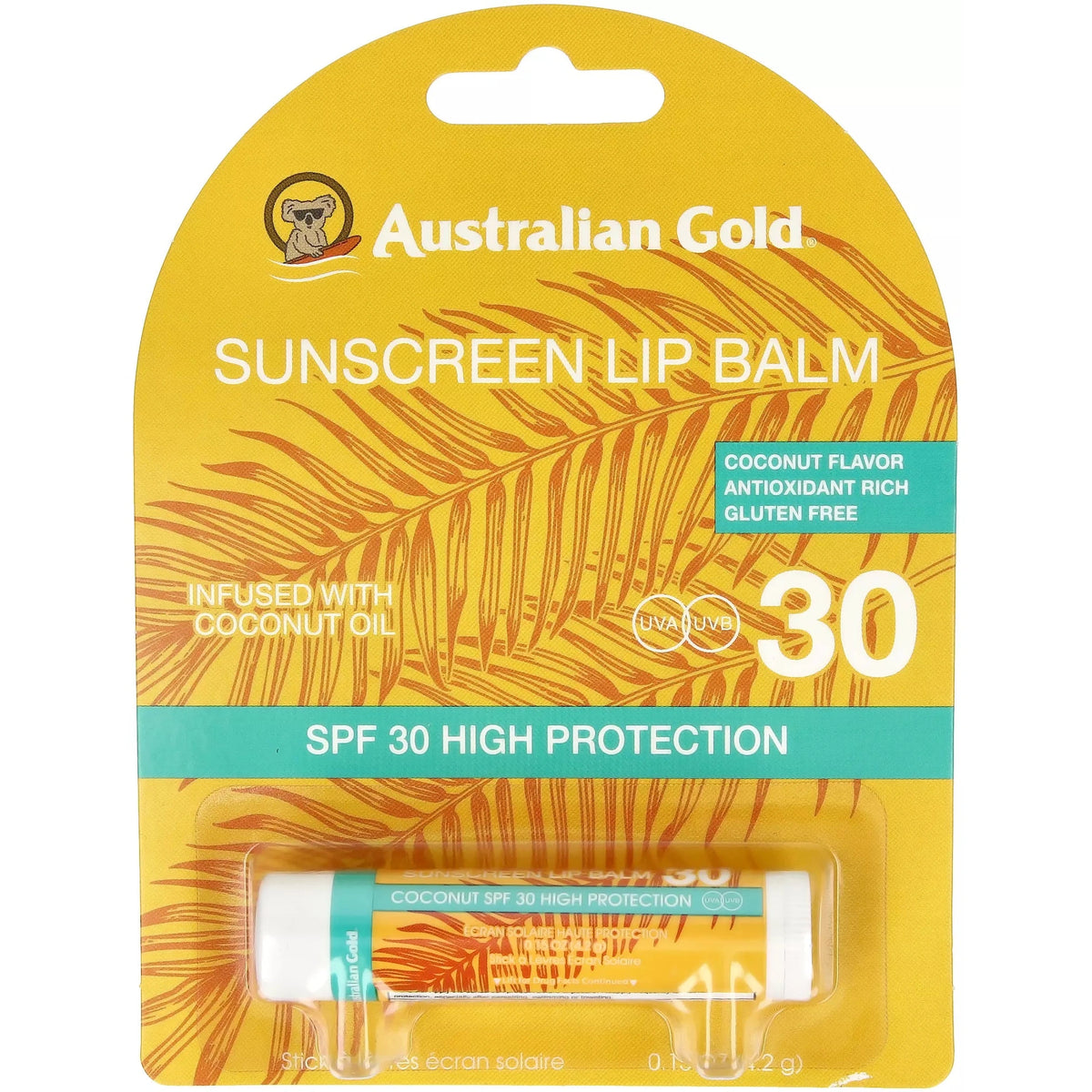 Australian Gold SPF 30 coconut lip balm in retail packaging with koala logo