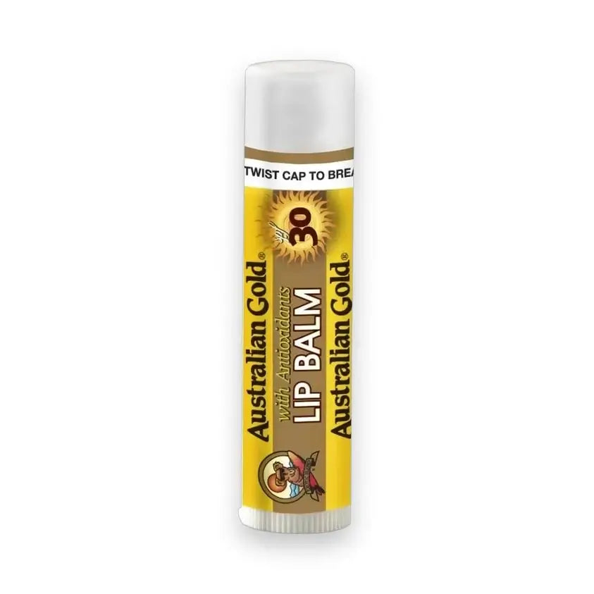 Close-up of Australian Gold SPF 30 lip balm showing twist safety seal and label details