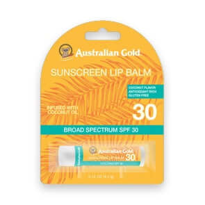 Australian Gold SPF 30 coconut lip balm in orange palm leaf blister pack