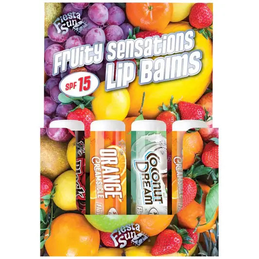 Fruity Sensations lip balms display card featuring Orange Creamsicle and Coconut Dream flavors