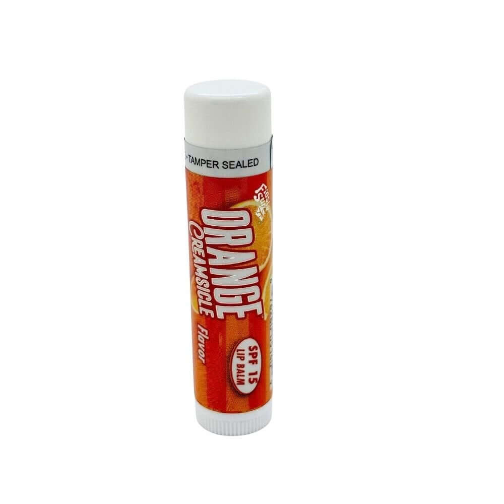 Orange Creamsicle SPF 15 lip balm showing tamper-sealed silver band detail
