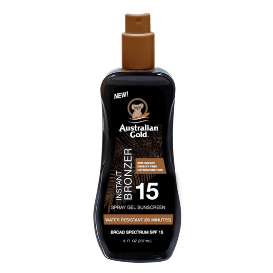 Australian Gold SPF 15 Instant Bronzer sunscreen spray gel bottle