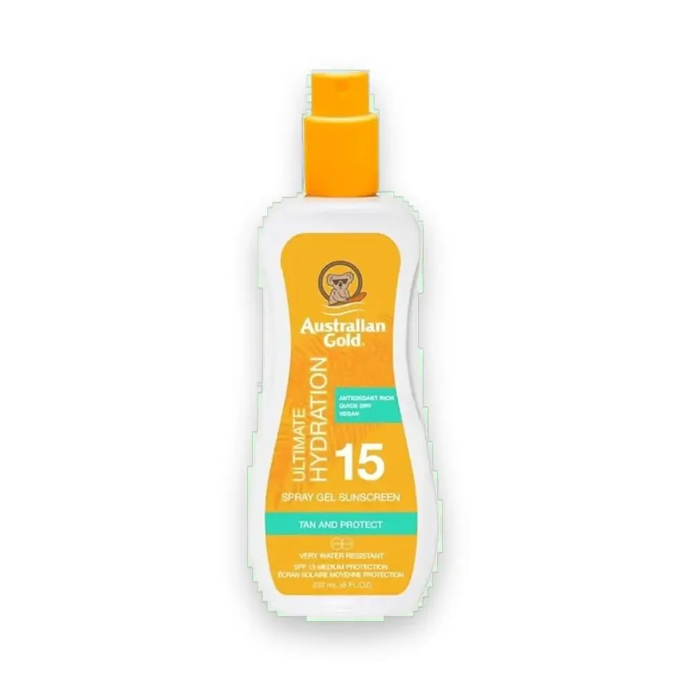 Australian Gold SPF 15 sunscreen spray gel bottle with orange cap
