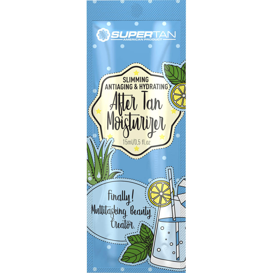 Supertan slimming anti-aging after tan moisturizer sachet with aloe vera and vanilla scent