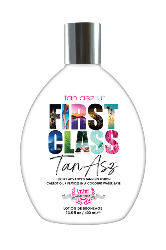 Tan Asz U FIRST CLASS in a coconut water base, with Carrot Oil and Peptides for natural tan and beautiful skin