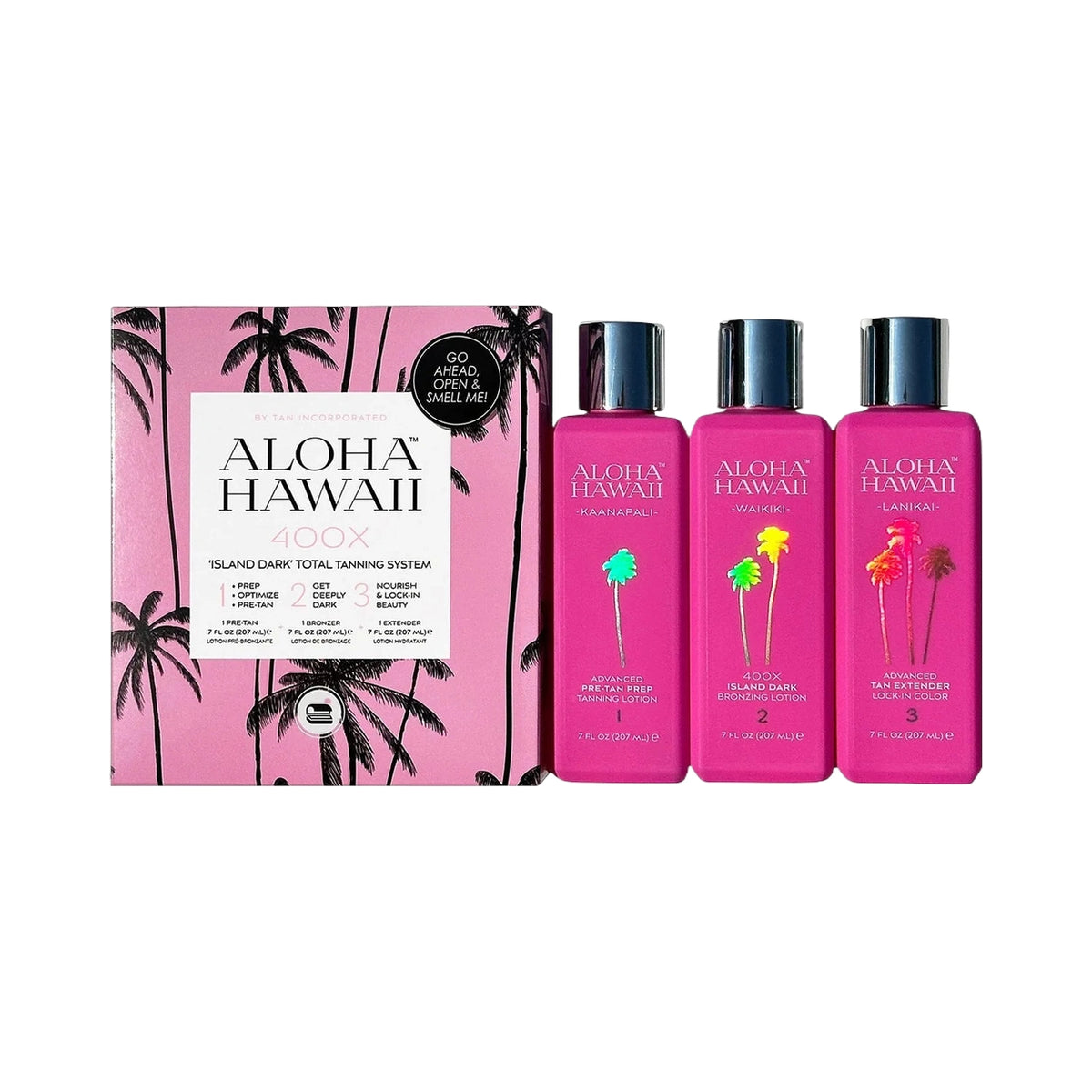 Aloha Hawaii 3-step tanning system: prep, bronze, and lock-in color lotions