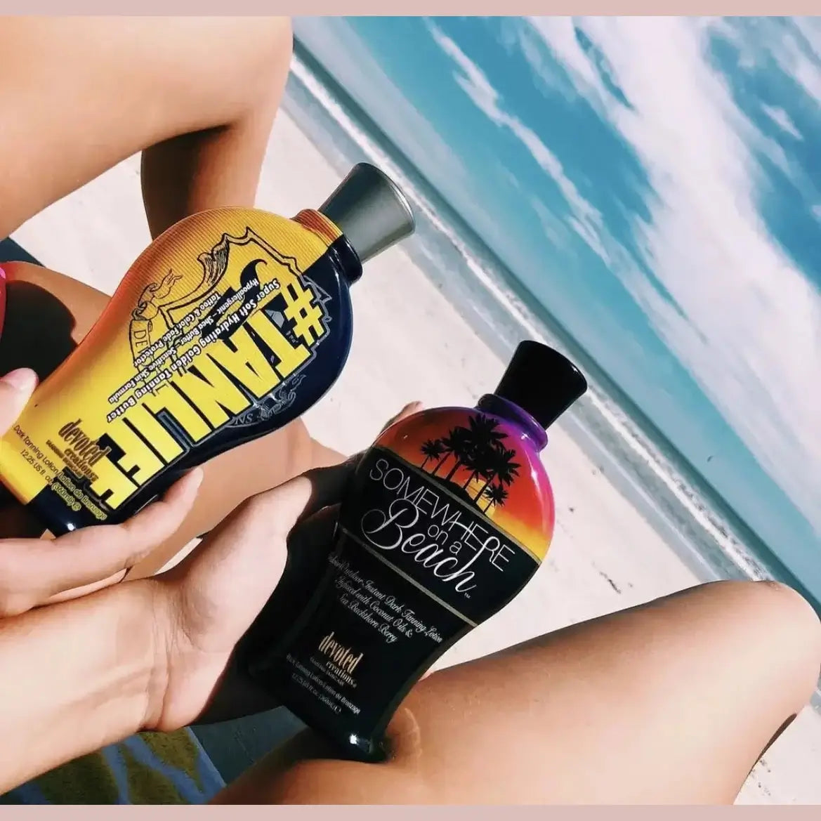 Tan accelerator Devoted Creations Somewhere on a Beach for exotic tan, firmed skin, tattoo protection, 360 ml