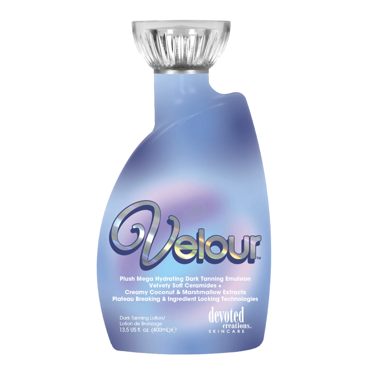 Tan accelerator Devoted Creations Velour, Mega Hydrating Dark Tanning Emulsion for bronze tan and silky skin, 400 ml