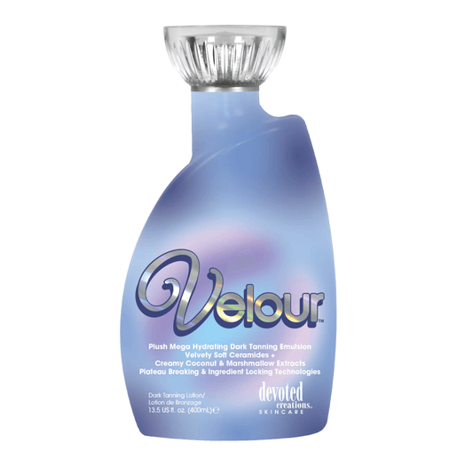 Tan accelerator Devoted Creations Velour, Mega Hydrating Dark Tanning Emulsion for bronze tan and silky skin, 400 ml