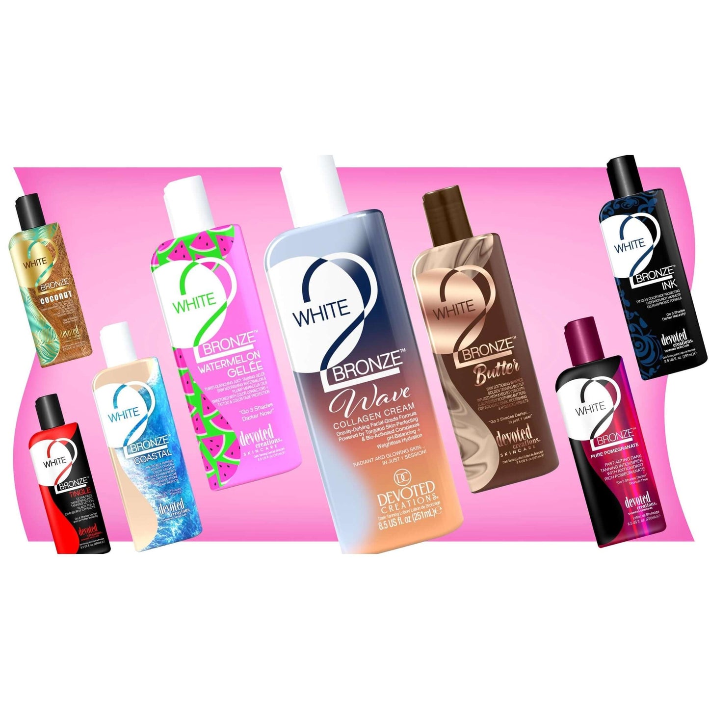 Tan accelerator Devoted Creations White 2 Bronze Wave for radiant glowing skin, Dry-Touch Collagen Complex, 251 ml