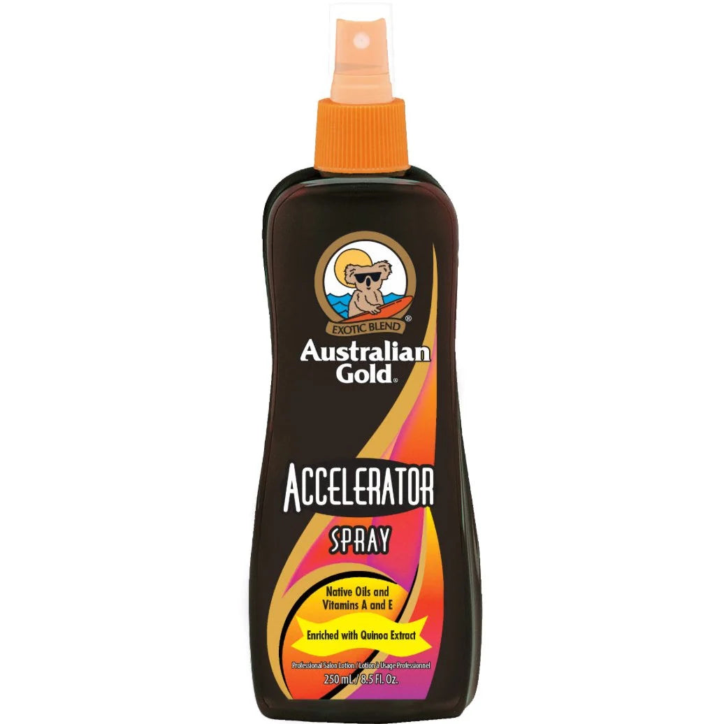 Australian Gold Accelerator Spray bottle with orange cap and Quinoa Extract label