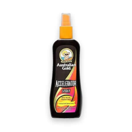 Australian Gold Accelerator Spray bottle with orange nozzle and Quinoa Extract label