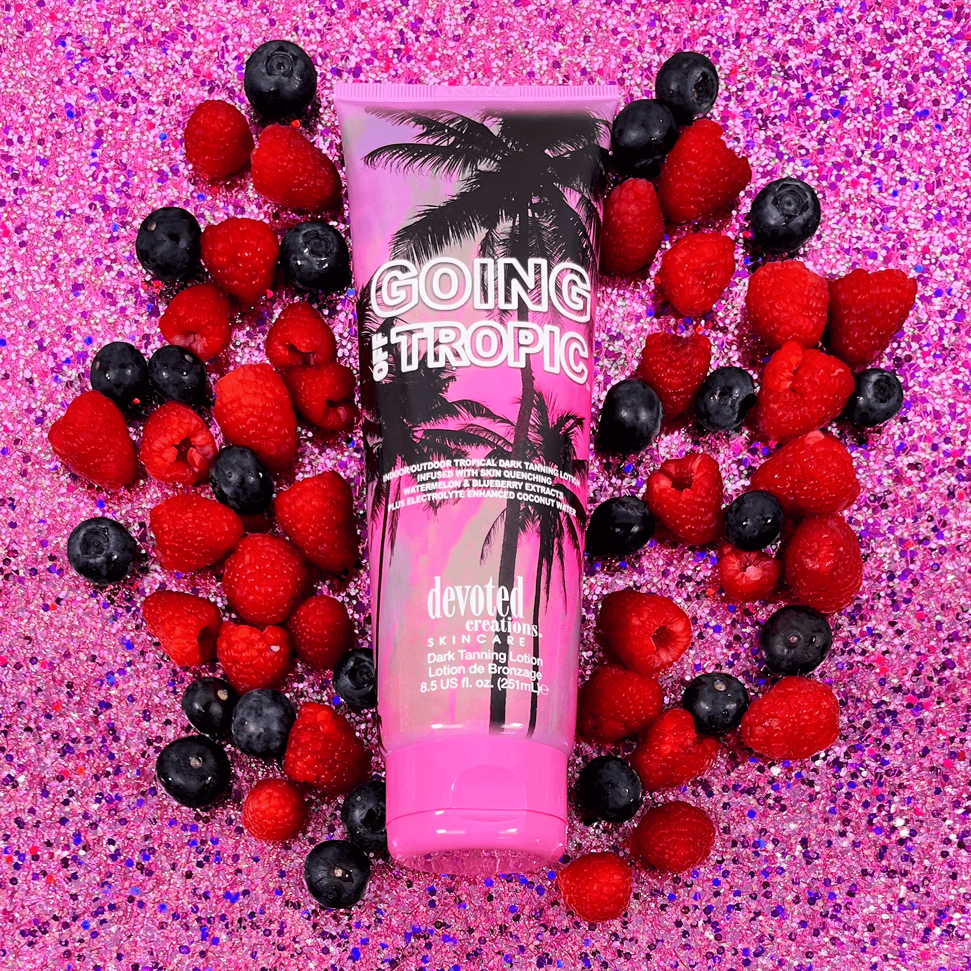 Tan intensifier Devoted Creations Going Off Tropic, with skin quenching watermelon and blueberry extracts, 251 ml
