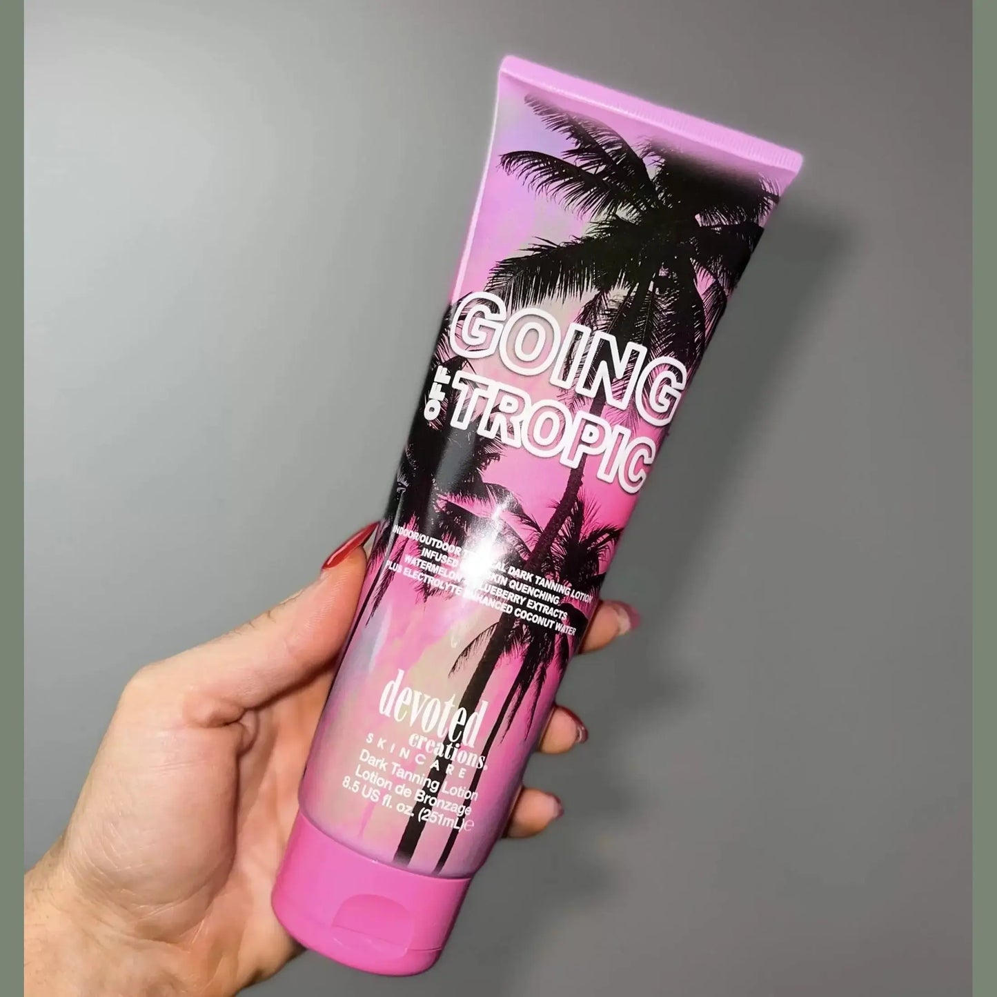 Tan intensifier Devoted Creations Going Off Tropic, with skin quenching watermelon and blueberry extracts, 251 ml