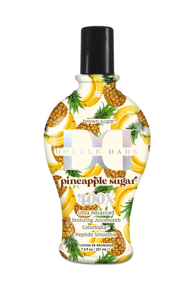 Double Dark Black Chocolate PINEAPPLE SUGAR 400X with ultra dark bronzers and pineapple juice for a rich bronze tan and highly hydrated skin, 221 ml