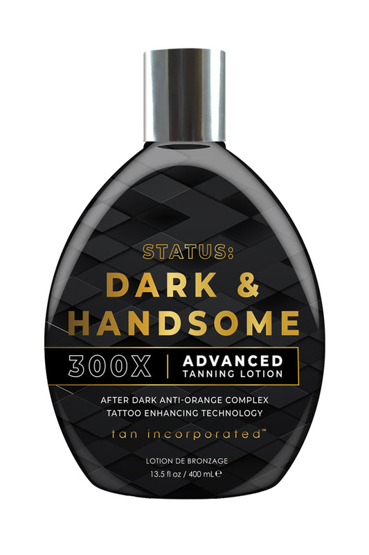 Tan Incorporated Status Dark & Handsome 300X tanning lotion for men to look, smell, and feel assuredly attractive. Tattoo protection. 400 ml