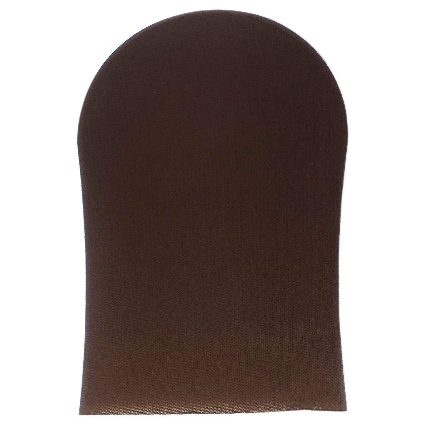Front view of brown woven self-tanning mitt for body and face