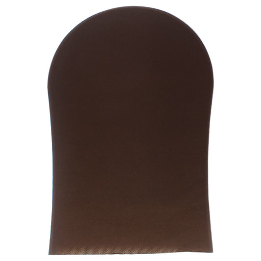 Front view of brown woven self-tanning mitt for body and face
