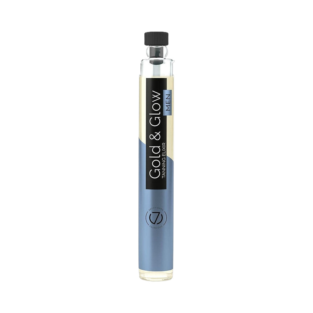 Front view of 7suns Gold & Glow MEN tanning elixir in clear glass ampoule