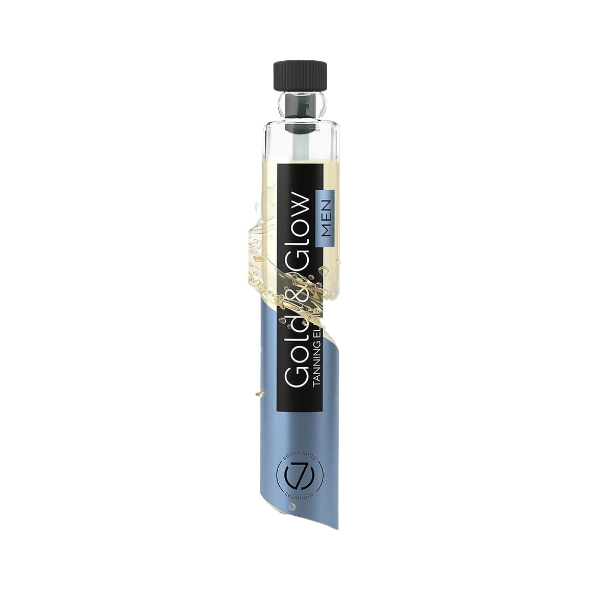 7suns Gold & Glow MEN tanning oil ampoule with golden liquid and black ribbed cap
