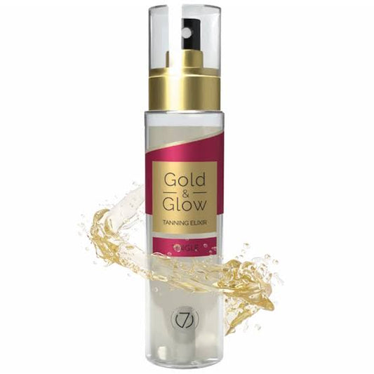 7suns Gold & Glow Tingle tanning oil splash shot showing golden liquid