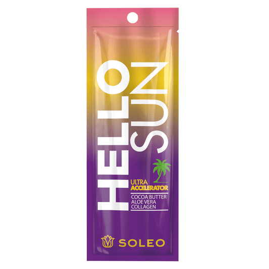 Soleo Hello Sun ultra tan accelerator sachet with cocoa butter, aloe vera and collagen for solarium use