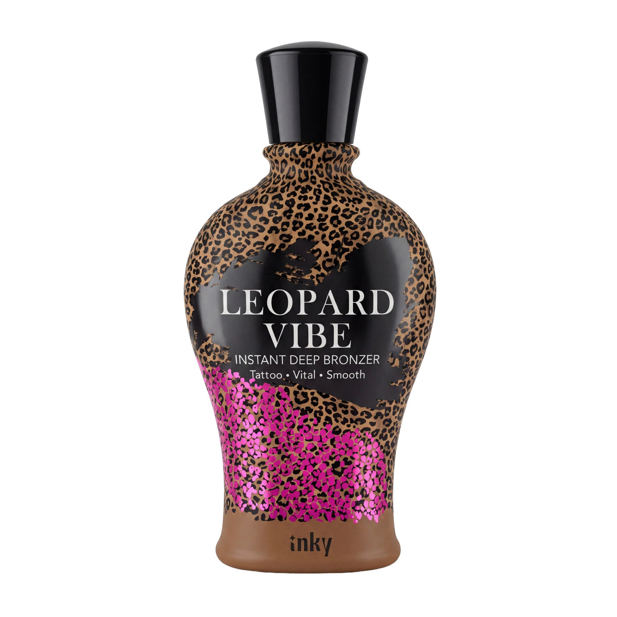 Inky Leopard Vibe instant deep bronzing lotion, 250ml cream for solarium with leopard print and pink glitter